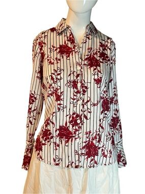 Foxcroft White Button-Down Shirt with Red Floral & Black Pinstripes